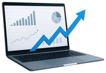 Laptop with Financial Charts and Blue Arrow Showing Upward Trend on White Background computer screen isolated on a transparent background