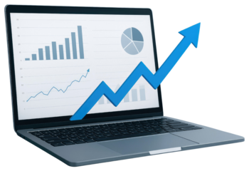 Laptop with Financial Charts and Blue Arrow Showing Upward Trend on White Background computer screen isolated on a transparent background