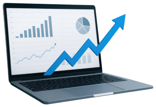 Laptop with Financial Charts and Blue Arrow Showing Upward Trend on White Background computer screen isolated on a transparent background