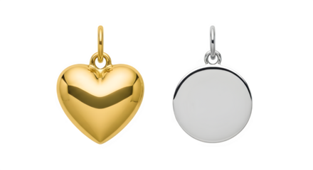 Golden heart and silver oval pendants jewelry design elements isolated on transparent background for valentine s day and special occasions
