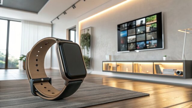 A stylish smartwatch is displayed on a sleek rug in a modern living room, featuring large windows and a contemporary TV setup.