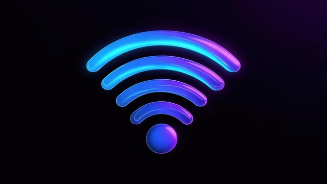 3D-rendered WiFi symbol with glowing blue and purple waves against a dark background
