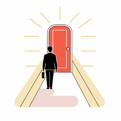 An modern vector style silhouetted man in a suit walking toward a glowing orange doorway on a minimalist path, symbolizing opportunity in clean and white background.