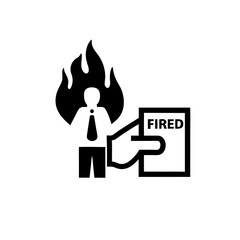 Modern silhouette  of a sad man walking away with flames on his head as a FIRE notice is handed to him, symbolizing stress and job loss illustration on white background .