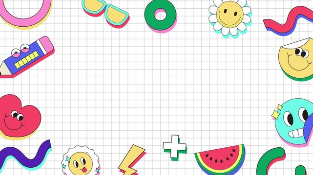 Retro pop comic background in sticker style with grid texture and cute outlined shapes, creating a clean nostalgic cartoon layout with spacious copy area.