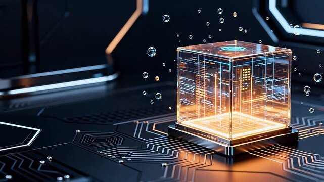 Futuristic cube with glowing data