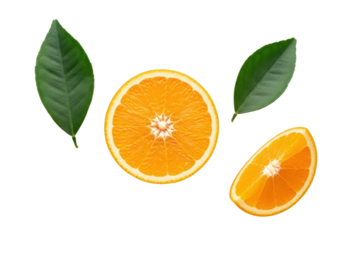Vibrant orange half-sphere and wedge with deep green citrus leaves, meticulously clean on a transparent background, presented flat lay, high-key, concept of freshness and natural purity