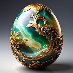 Ornate jeweled egg with swirling colors and elaborate gold filigree