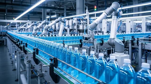 Automated beverage bottling factory conveyor line with robotic arms filling blue liquid into