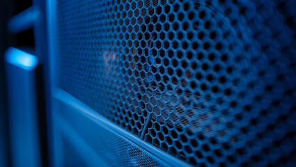 Close Up of a Data Center Server Rack with Blue Lights and Honeycomb Pattern