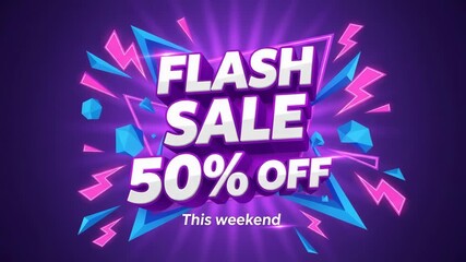 Dynamic Flash Sale 50 Percent Off Weekend Promotion Vibrant Geometric Shapes Neon Lightning Bolts