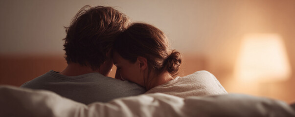 Warm, intimate scene of a couple cuddling in bed, viewed from behind. Soft lighting evokes comfort, love, and closeness. Perfect for relationship, wellness, or family themes.