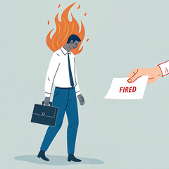 Modern vector of a sad man walking away with flames on his head as a FIRE notice is handed to him, symbolizing stress and job loss illustration on white background .