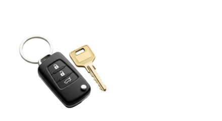 A sleek, modern black car key remote with a silver key ring and a traditional brass car key, side-by-side on a transparent surface, concept of smart automotive access and ownership