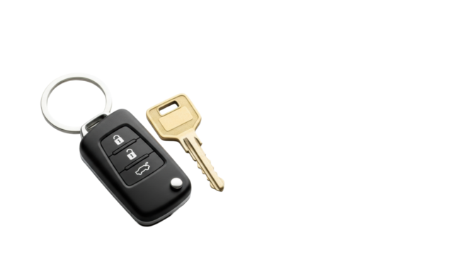 A sleek, modern black car key remote with a silver key ring and a traditional brass car key, side-by-side on a transparent surface, concept of smart automotive access and ownership