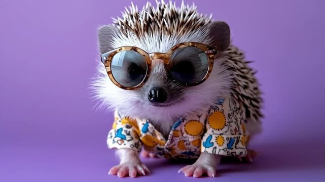 Cute hedgehog wearing sunglasses and colorful shirt on purple background