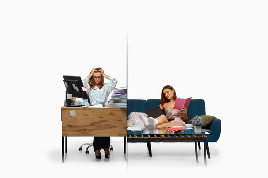 Stressed female office worker contrasted with calm home routine showing emotional duality. Concept of burnout topics, HR visuals, psychological materials, flexible work and wellbeing. Bright collage