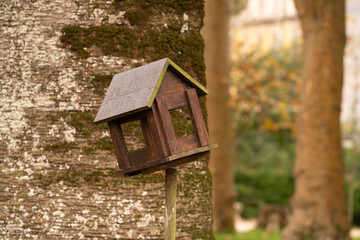 Rustic wooden birdhouse with pitched roof and open sides, mounted near a tree trunk.