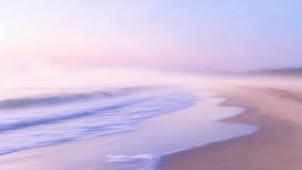 Soft, dreamy beach scene with gentle waves rolling onto the sandy shore, obscured by a misty haze