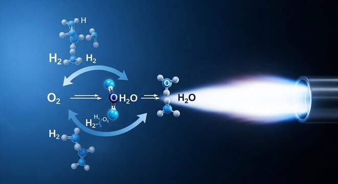 Molecular diagram illustrating the formation of water from hydrogen and oxygen near a nozzle with emerging plasma