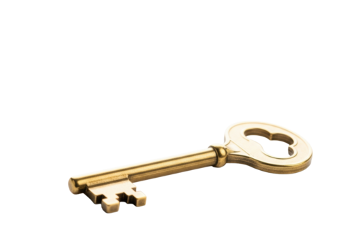 An elegant, pristine vintage golden brass key with intricate bitting, angled on an isolated transparent studio surface with copy space, symbolizing solutions and opportunity