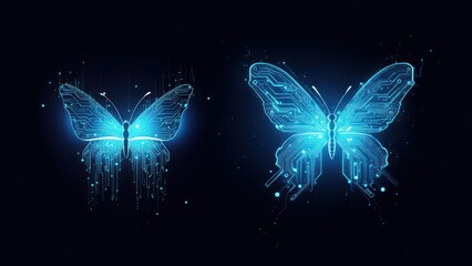 Two luminescent digital butterfly depictions crafted from circuitry against a dark background