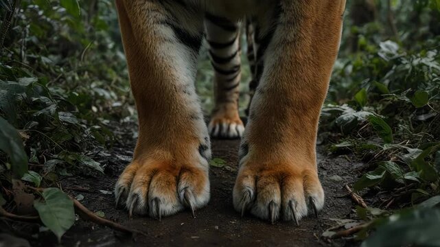 A majestic tiger walking on a path in a lush, green forest