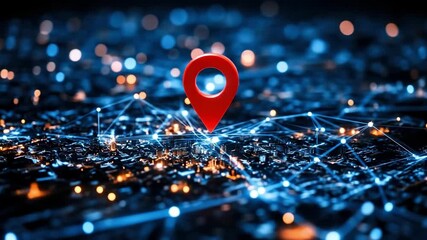 Network connections with red location pin over digital cityscape - Powered by Adobe