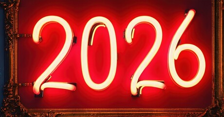 Bright neon sign displays year 2026. Red glow emanates from numbers against dark background. Ornate frame surrounds display.