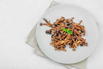 Fried Shimeji mushrooms with spices and herbs on a trendy plate. Vegan lifestyle concept