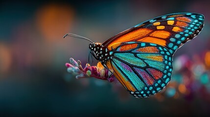 Colorful monarch butterfly perched on a flower, bokeh background