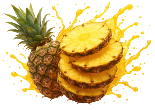 Pineapple and pineapple juice splash isolated on a transparent background