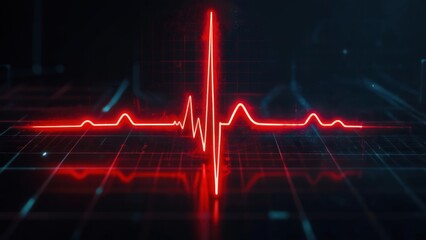 A vibrant, neon-red waveform pulsates on a grid, representing heart activity against a dark background