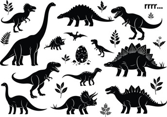 Black dinosaur silhouettes collection with prehistoric animals, baby dinosaurs, dinosaur egg, stegosaurus, tyrannosaurus rex, triceratops, brontosaurus, flying pterodactyl shapes, nature leaves  © Akaza