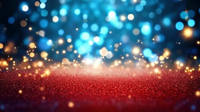Glittering bokeh lights on red sparkling background with blue highlights