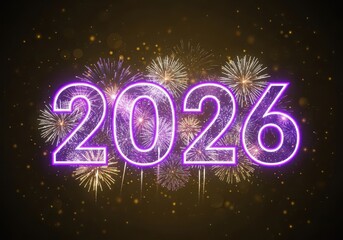 Glowing 2026 neon numbers with vibrant fireworks celebration design