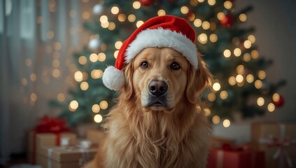 Golden Retriever in Santa Claus hat on Christmas tree background. 