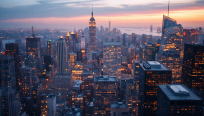 Modern blurred cityscape background with abstract urban skyline and soft bokeh lights, perfect for business presentations, professional website headers, and futuristic corporate designs