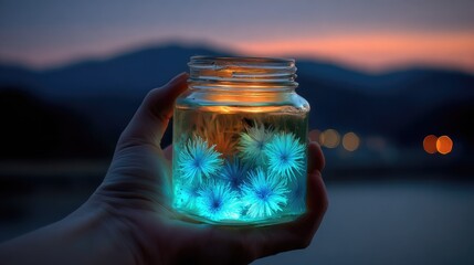 A glass jar, glowing with vibrant blue flowers, held in a hand at twilight.