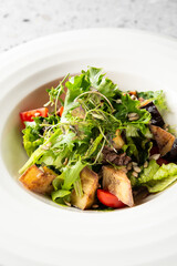 A vibrant, healthy salad in a white bowl featuring fresh green lettuce, roasted eggplant cubes, cherry tomatoes, sunflower seeds, and microgreens. Perfect for a vegan meal.