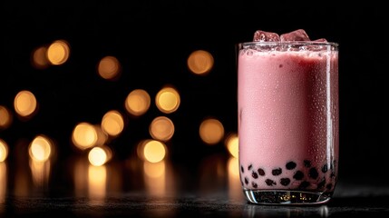 Pink drink with boba pearls in a glass.
