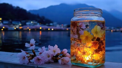 A jar filled with preserved flowers, illuminated by a candle, next to cherry blossoms by the water.