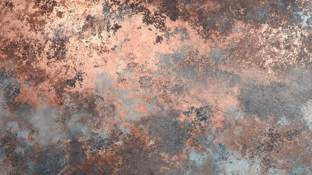 A stunning close-up of a weathered, textured metal surface, displaying various shades of copper and a captivating patina