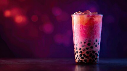 Colorful layered bubble tea in a glass.