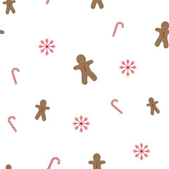 Highly versatile seamless pattern combining gingerbread figures, bright candy canes, and delicate snowflakes on a crisp white backdrop, symbolizing winter sweetness.