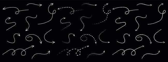 Collection of Hand Drawn White Arrows on Black Background Demonstrating Direction or Flow