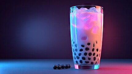 Vibrant drink with black tapioca pearls in a tall glass.