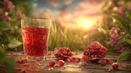 Pomegranate juice glass and fruit at sunset.