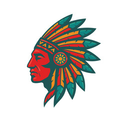 illustration of a Native American in a traditional feathered headdress, also known as a war bonnet.