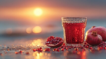 Pomegranate juice and seeds at sunset by the ocean.